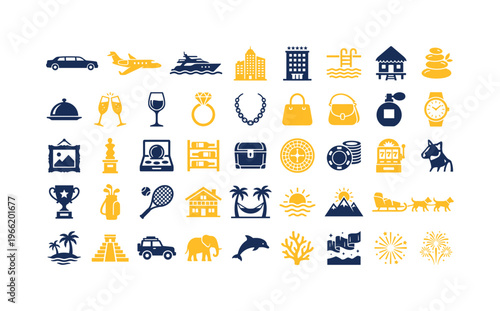 Collection of luxury and leisure icons in yellow and blue on a white background