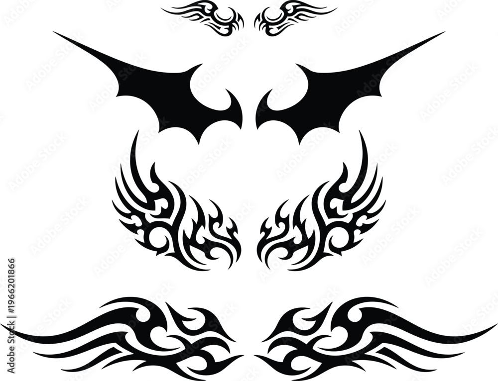 Obraz premium Tribal wing tattoo set, black gothic wings vector, 4 pairs of decorative wing elements