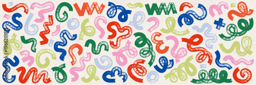 Set of curved colourful marker lines, arches and circular brush strokes. Hand drawn thick rough lines, spiral, swirls. Abstract modern vector squiggles. Scribble doodle strokes for collages and design