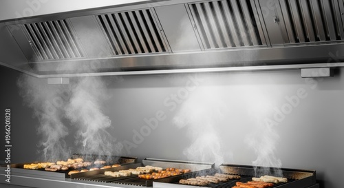 Industrial metal exhaust hood above professional kitchen grill. Cooking food on commercial barbeque equipment with steam rising. Catering business and restaurant equipment ventilation system.