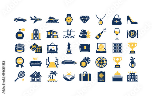 Collection of luxury lifestyle and wealth icons in a grid format
