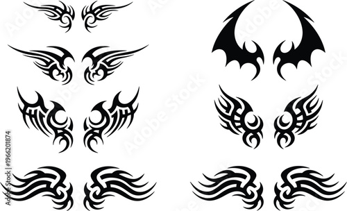 Tribal wing tattoo set, black gothic wings vector, 6 pairs of sharp decorative wing icons