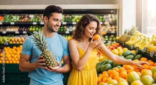 Man and woman choosing fresh tropical fruit in grocery store. Young couple buying healthy food at supermarket. Shopping for harvest, vitamin and nutrition, organic lifestyle concept.