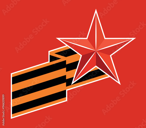 The St. George ribbon (striped, orange and black) and a red star. Symbol of the USSR's victory in the Great Patriotic War of 1941-1945. An attribute of the glory of May 9 (Victory Day). Vector.