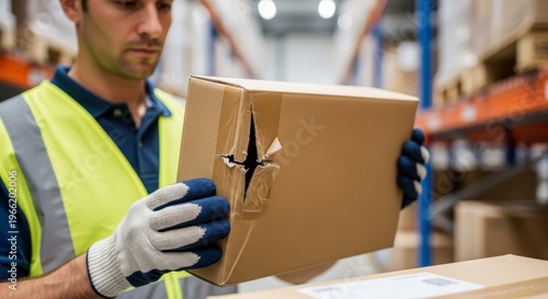 Man worker holding damaged cardboard box in warehouse. Delivery staff inspecting broken parcel for claim. Logistic problem, cargo insurance issue, poor shipment quality control concept.