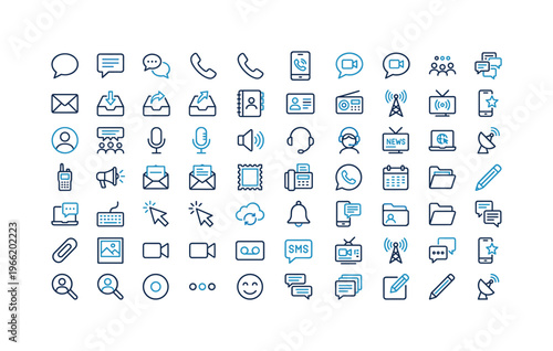 Collection of communication and technology icons in blue and dark blue