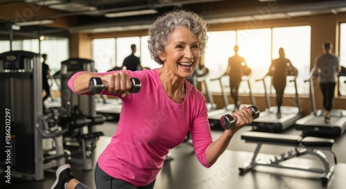 Senior woman exercising with dumbbells in gym. Active elderly lady doing workout to keep fit. Healthy lifestyle and fitness training for old age people in modern club facility.