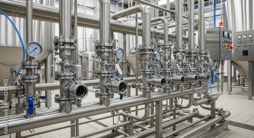 Stainless steel pipe system in brewery. Industrial equipment with pressure gauge and control panel at beverage production facility. Pipeline engineering for sanitary fluid processing.
