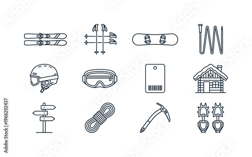 Collection of winter sport and mountain climbing equipment icons