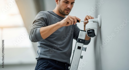Technician installing security camera on wall. Professional worker using ladder and screwdriver for safety system setup. Monitoring surveillance equipment installation for home protection.