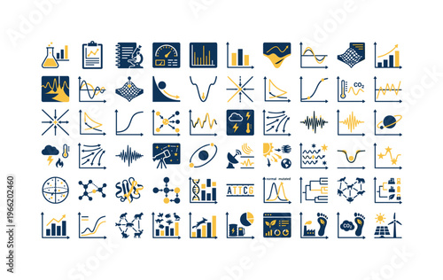 Collection of scientific and data analysis icons representing research and discovery