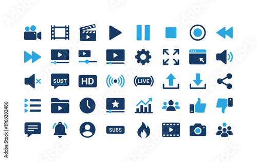 Collection of modern flat icons for video content creation and playback