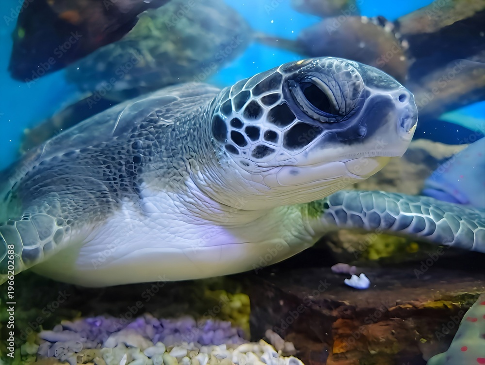 Fototapeta premium Majestic Sea Turtle Swimming Face to Face Underwater , Marine Wildlife Photography