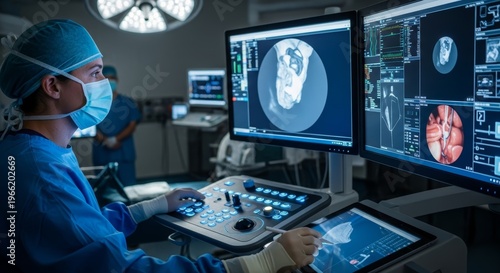 Woman surgeon monitoring robotic surgery on screen in operating room. Medical professional using advanced digital imaging technology for precision procedure. Modern hospital healthcare equipment.