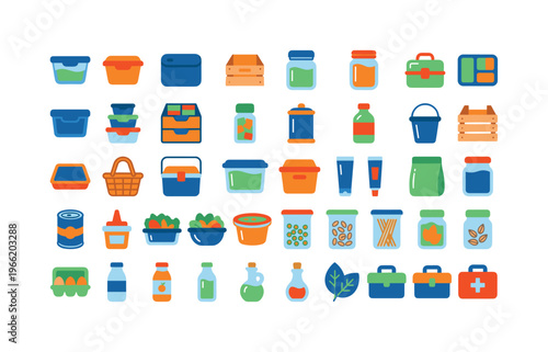 Collection of various storage containers, jars, and kitchenware icons
