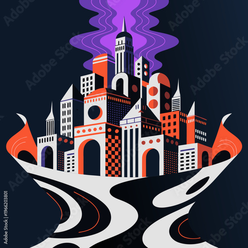 Abstract stylized city skyline illustration with geometric buildings and flowing paths in a modern flat design