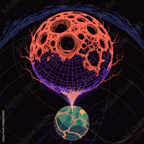 Abstract cosmic illustration featuring a cratered celestial body tethered to a fractured planet by energy beams
