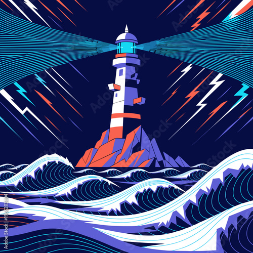 Vector illustration of a lighthouse standing on a rocky island amidst a stormy sea with lightning in the night sky