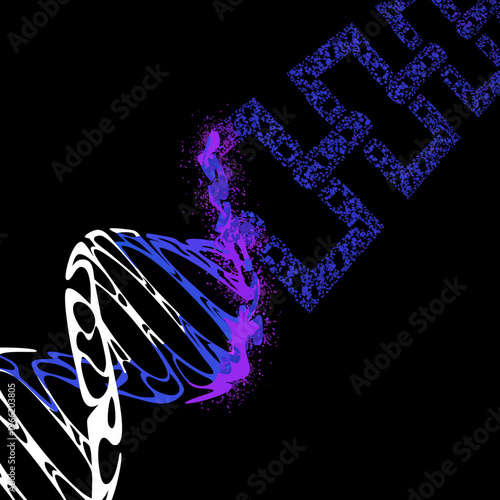 Abstract dna helix structure transforming into digital pixelated data blocks