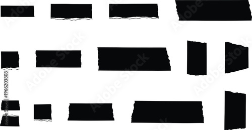 Black adhesive tape set, torn masking tape strips, 13 duct tape vector pieces for collage