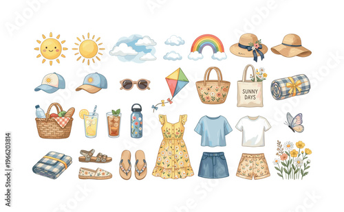 Bright summer collection with sun, rainbow, and picnic essentials
