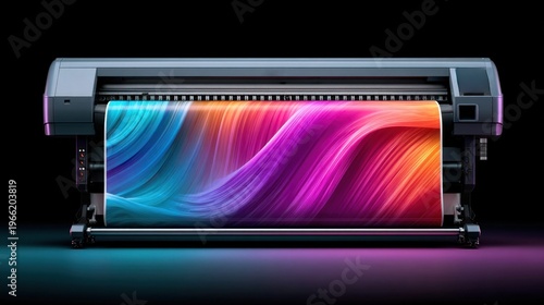 Large format printer printing a vibrant, colorful abstract design on a roll