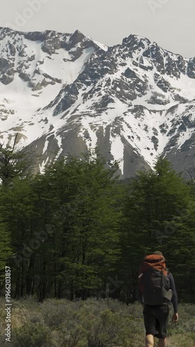 Hiker with a backpack walking toward snow capped mountains and a green forest in nature