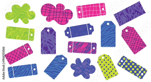 Assorted Neon Price Tags and Ticket Stubs with Retro Patterns for Creative Event Branding and Sales