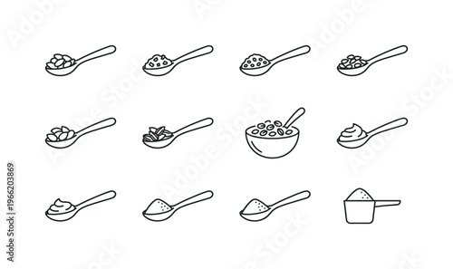Collection of line art icons representing various ingredients and powders on spoons