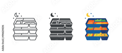 Stack of three takeaway meal boxes with food and night sky icons