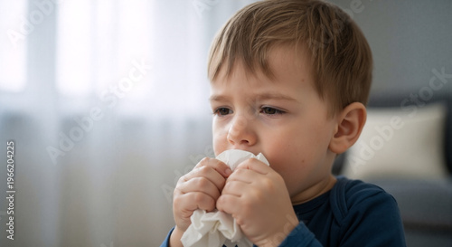 Sick toddler boy coughing into a white tissue at home. Close-up portrait of a young child with cold or flu symptoms. Healthcare and childhood illness concept
