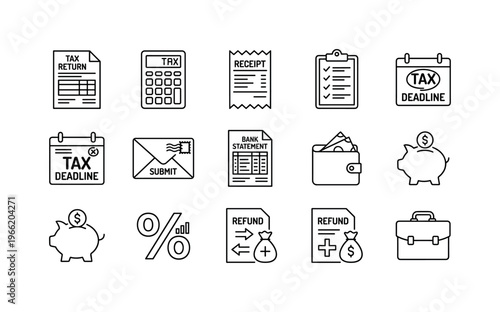 Financial and tax icons representing returns, deadlines, and savings