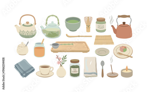 Traditional Japanese tea ceremony elements and accessories for preparing matcha