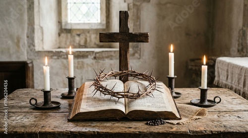 Crown of thorns on open bible with wooden cross and candles in church interior, symbol of sacrifice and Christian faith