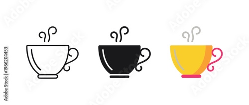 Collection of steaming hot beverage cups in different styles and colors