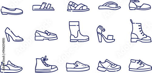 Collection of diverse footwear icons including sandals heels boots and sneakers presented as simple line art for fashion and retail concepts