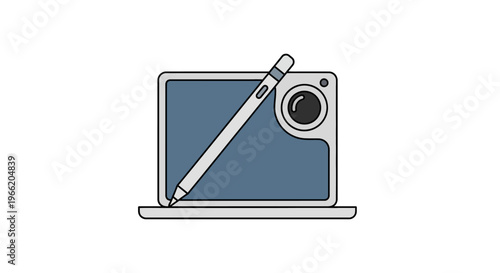 Camera and stylus on laptop.