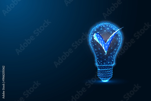 Approved idea concept with glowing light bulb and check mark symbol of successful solution