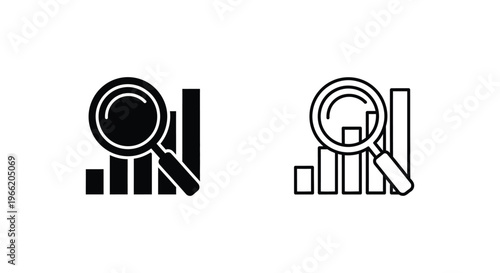 a black and white icon of a magnifying glass over a bar graph Vector