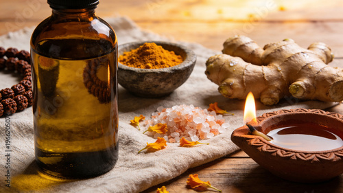 Traditional Ayurvedic ritual scene with a burning diya lamp, herbal oil bottle, fresh ginger root, turmeric powder, and Himalayan salt on a linen cloth