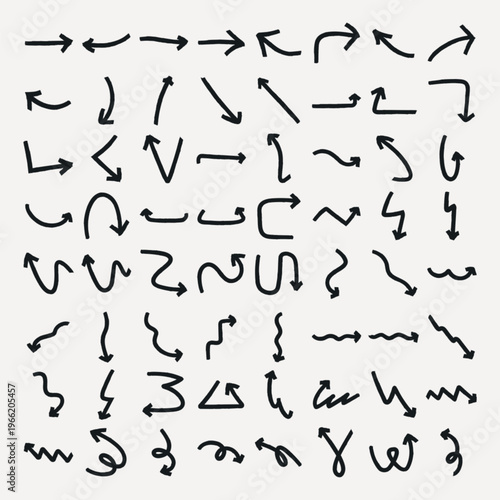 Collection of hand-drawn arrows in various directions. Arrows pointing up, down, left, right. Doodle arrows for creative design. Arrows in different styles. Element vector set.