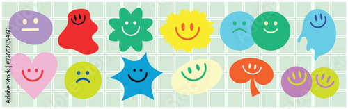 Colorful smile faces in various shapes. Smile faces in bright colors. Different shapes and colors of smile faces on a grid background. Cute and colorful illustration vector set.