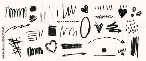 Hand-drawn doodles with hearts, arrows, and lines. Sketchy hearts and arrows add charm. Doodles with arrows and hearts on grid background. Doodle illustrations, vector set.