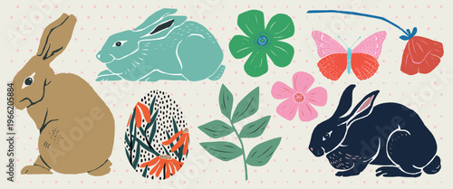 Colorful illustration of rabbits, flowers, and a butterfly. Rabbits in various poses, flowers in bloom, and a vibrant butterfly create a lively scene. Spring illustrations, vector set.