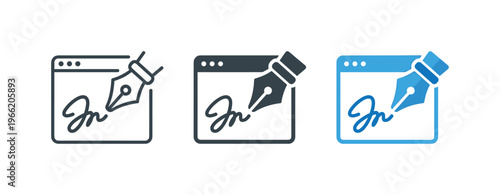 Digital signature icon with fountain pen on screen for electronic document signing