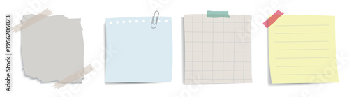 Set of four paper notes: torn paper, blue note, grid paper, yellow sticky note. Each note features a unique design, ideal for reminders or lists. Cute memo vector illustration set.