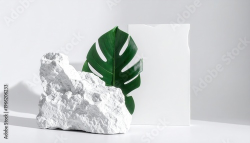 Composizione minimalista con foglia verde tropicale, roccia bianca grezza e sfondo neutro per esposizione prodotto.