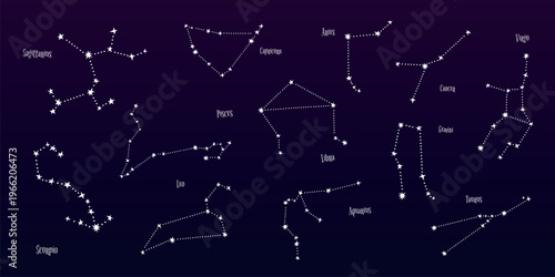Illustration of zodiac constellations on a dark background. Features star patterns for zodiac signs like Scorpio, Leo, and Virgo. Constellations of zodiac signs. Vector element set.
