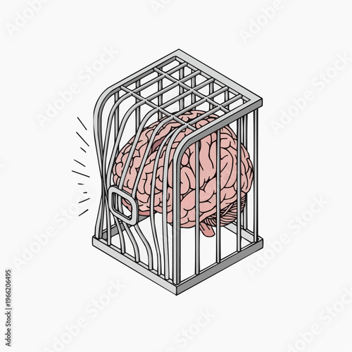 Brain trapped inside a metal cage, symbolizing mental confinement or restriction.