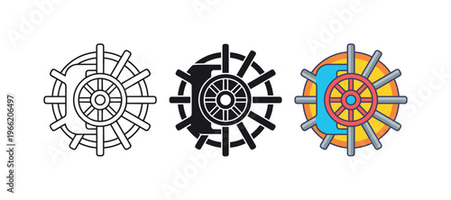 Set of three vault safe door icons with steering wheel and lock mechanisms
